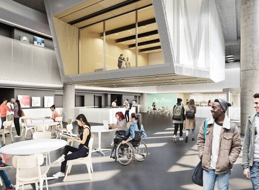 Artist rendering of an open gathering space of the new LaSalle College Vancouver.