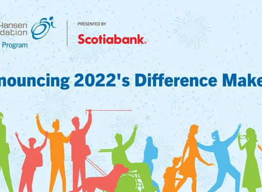Blue background with colourful illustrated people with different abilities. Announcing 2022's Difference Makers! is written in dark blue. The Rick Hansen Foundation and Scotiabank logos are in the top left corner.