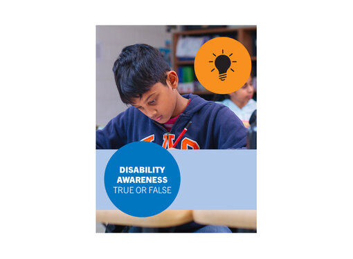 Elementary aged boy studiously looking down at and working on an assignment in a classroom. He has black hair and is wearing a navy blue sweater. Title text says: "Disability Awareness True or False"