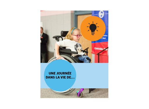 Little girl with blonde hair, wearing red glasses in a wheelchair, title text says "Une journée dans la vie de......"