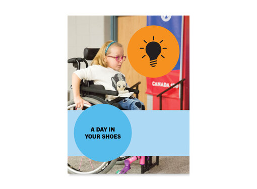 A little girl with blonde hair, wearing a white t-shirt and purple glasses, in a wheelchair. Title text says: "A day in your shoes"