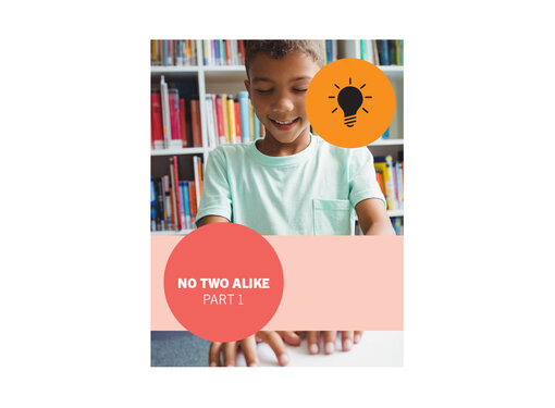 Boy smiles and reads braille in a library, circle with a lightbulb illustration, title says 'no two alike part one'