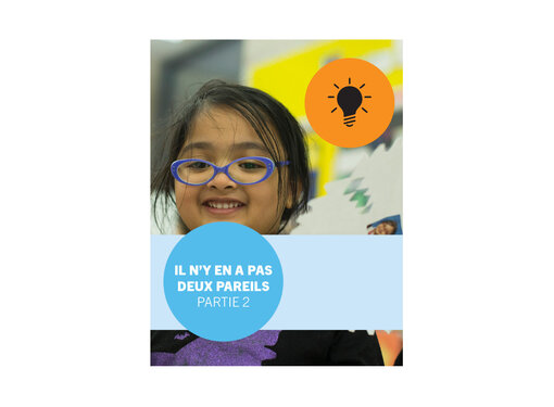 Elementary aged girl with purple glasses smiling at the camera, background is a blurred classroom. Title text says "Il n’y en a pas deux pareils : Feuilles, flocons de neige, personnes Partie 1"