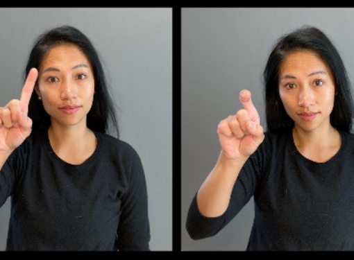 two pictures of a woman with long dark hair using sign language