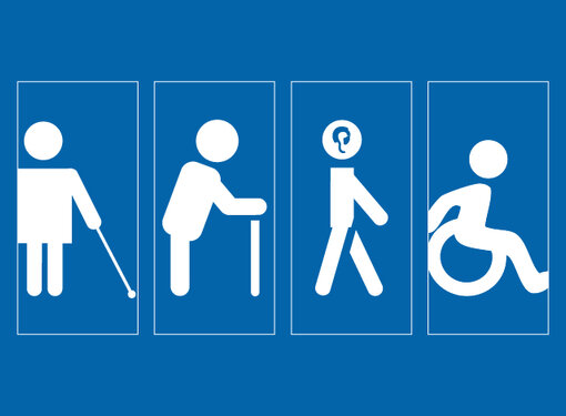 Blue background with four white icons of various disabilities