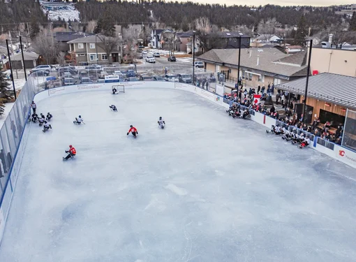 Aerial view of Parkdale ice rink. The rink is outdoors, and people are playing sledge hockey. There are houses and cars in the neighbourhood beside the arena.