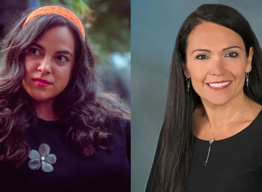 Split image of Lisa Smith (left) and Dr. Rheanna Robinson (right). Lisa has long dark hair and is wearing an orange headband. Dr. Robinson has long dark hair and is wearing a black shirt.