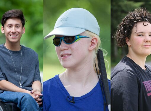 Headshots of Tai, Elena and Jaelyn. Tai has short brown hair and is using a wheelchair, Elena is wearing a white hat and sunglasses and has a cane. Jaelyn has dark curly hair and is wearing a black t-shirt.