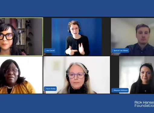 Zoom screenshot of four panelists, one moderator and an ASL interpreter. The background is blue and there is a white Rick Hansen Foundation logo in the bottom right corner.