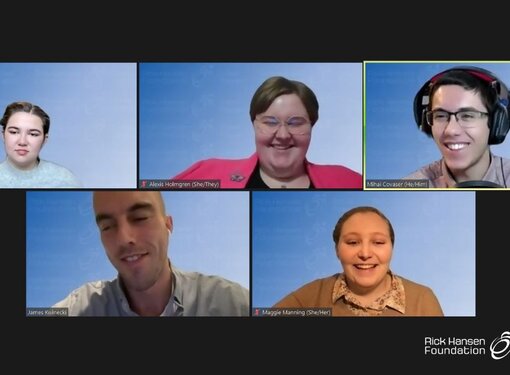 Youth panelists and moderator on Zoom. They are laughing. There are three screens on top and two on the bottom. The Rick Hansen Foundation School Program logo is in the bottom right corner.