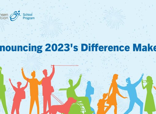 Announcing 2023's Difference Makers! Colourful graphics of people with different abilities are celebrating.