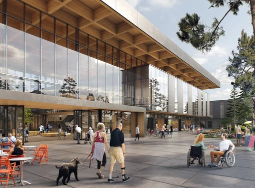 Artist's Rendering of the front entrance of the new Harry Jerome Community Recreation Centre (HJCRC). Lots of people walking, talking, strolling in the plaza including people with dogs, on bikes and n wheelchairs.