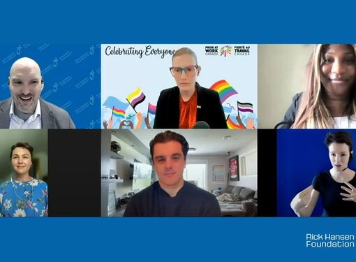Screenshot of six people on a Zoom webinar. There are four panelists, a moderator and an ASL interpreter.