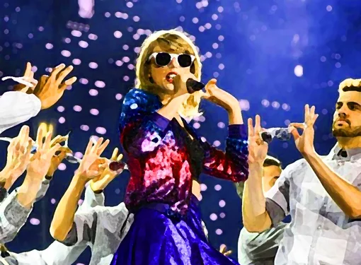 An artistic rendering of Taylor Swift performing on stage. She is wearing a purple skirt and a sparkly pink and purple shirt.
