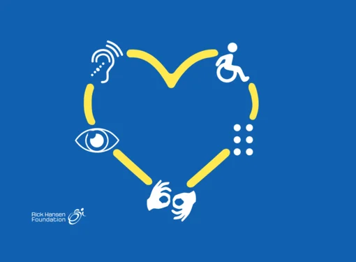 A heart illustration, made up of disability symbols such as a wheelchair user and a signing hand