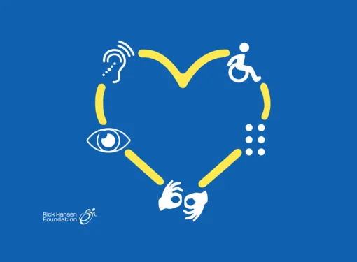 A heart illustration, made up of disability symbols such as a wheelchair user and a signing hand