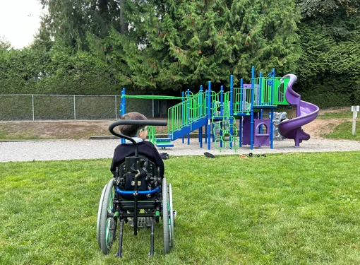 A young boy in a wheelchair, staring at a playground with bushes and a fence in the background.
