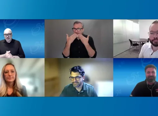 Six adults in a Zoom grid, each with a unique background; five men and one woman