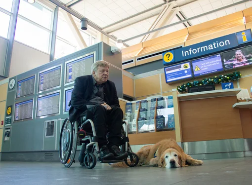 Person using a wheelchair waits at the aiport while a guide dog lies on the floor nearby, with information screens visible in the background.