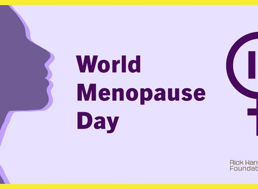 Purple and yellow World Menopause Day graphic featuring a profile silhouette of a woman, a menopause symbol with a pause icon, and the Rick Hansen Foundation logo.