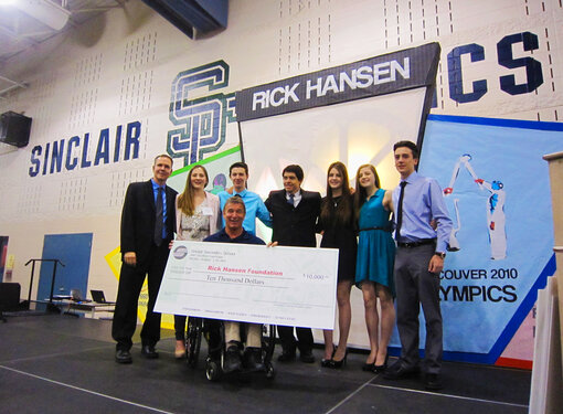 Rick Hansen provided a keynote address to the staff/students at Sinclair Secondary School. The school held fundraisers with proceeds going to the Rick Hansen Foundation with 1/2 the money going back to the community to support projects aimed at greater accessibility.