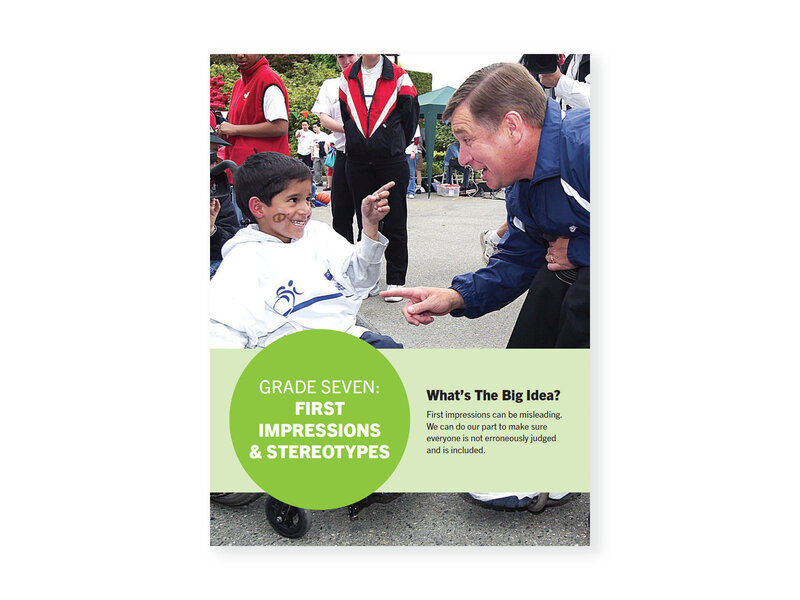 Rick Hansen and a little boy in a stroller pointing at each other and smiling. Cover for "First Impressions and Stereotypes" lesson.