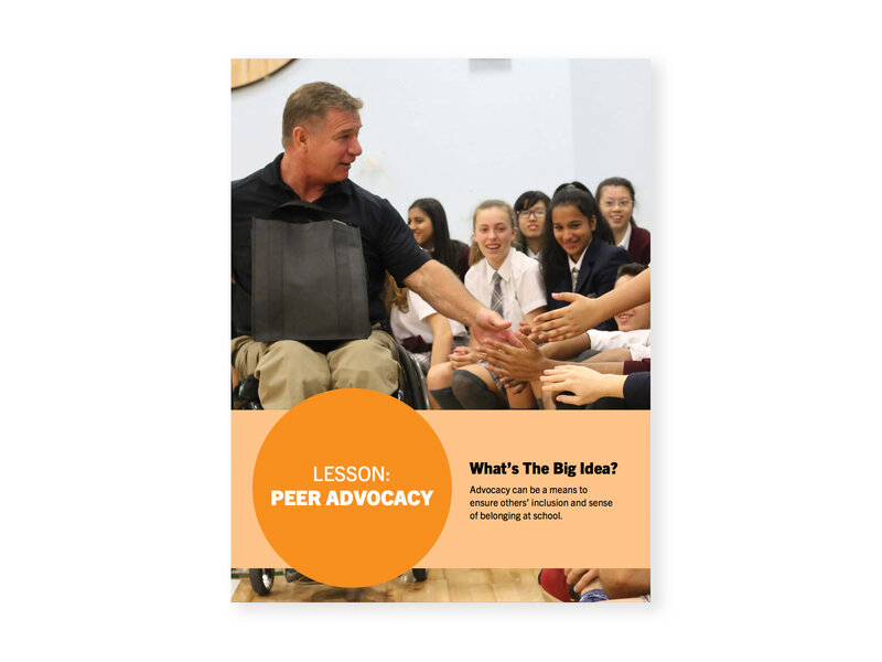 Image of Rick Hansen meeting with a group of uniformed high school students - his hand outstretched to meet theirs. Cover for "Peer Advocacy" lesson.