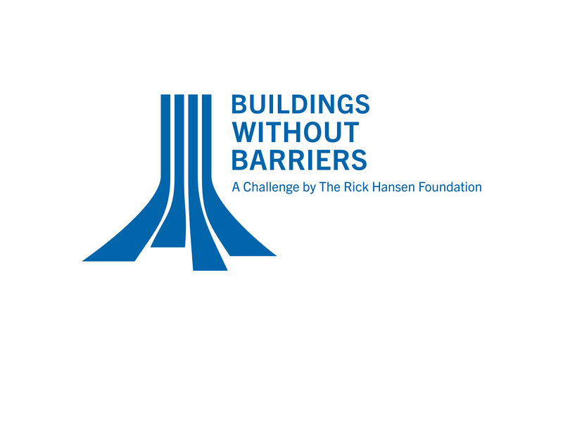 Blue sign with text that reads Buildings without Barriers. A challenge by The Rick Hansen Foundation. 