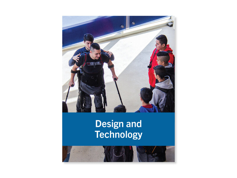 Image of a group of high school students gathered around a paraplegic man using Exoskeleton technology to help him stand and walk. A worker helps the man with the Exoskeleton suit. Cover for "Design and Technology Ready-Made Challenges and Project".