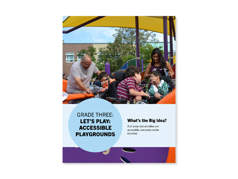 Three elementary-aged children using wheelchairs and powerchairs accompanied by a woman and a man, enjoying a sheltered accessible play area. Cover for "Let's Play: Accessible Playgrounds" lesson.