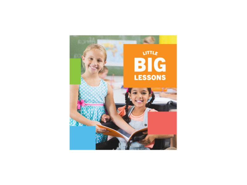 Two elementary aged girls, one that is standing and one that is in a wheelchair reading a book together and smiling.  Little Big Lessons logo text.