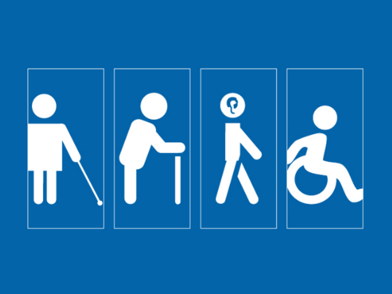 four icons, one with a visual aid cane, one with a mobility aid cane, one with a hearing aid, one with a wheelchair