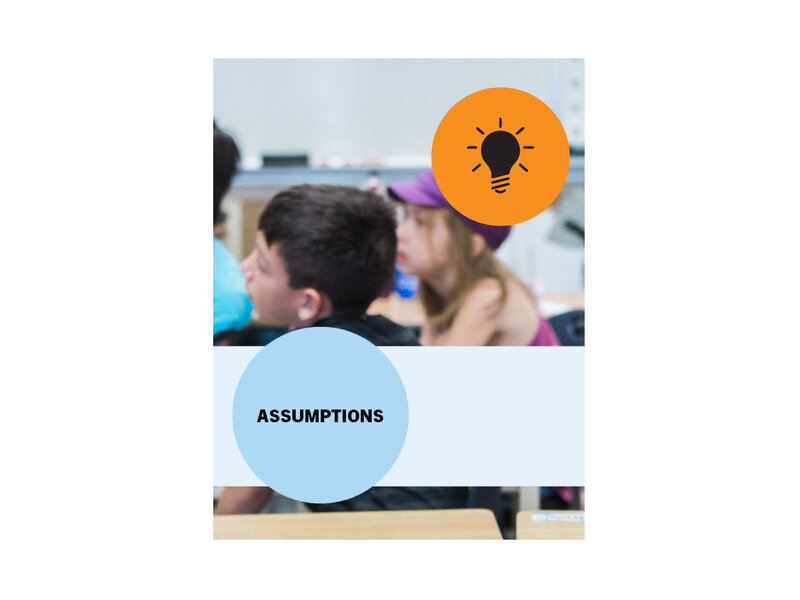 Boy and girl in classroom, looking at front of the room. Title text says, "Assumptions"