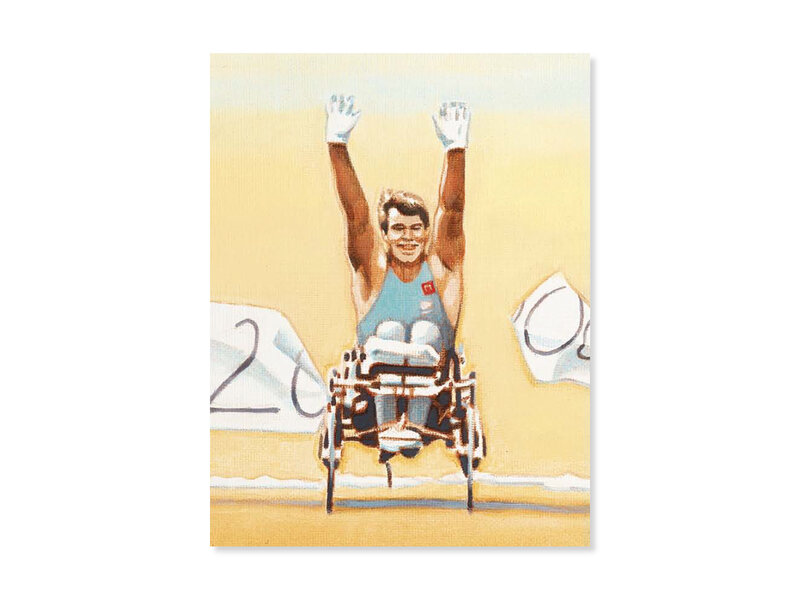 Illustration of Rick Hansen wheeling triumphantly through a kilometre marker banner during the Man In Motion World Tour.