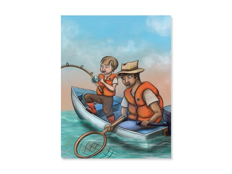 Illustration of Rick Hansen as a child fishing in a boat with his father.