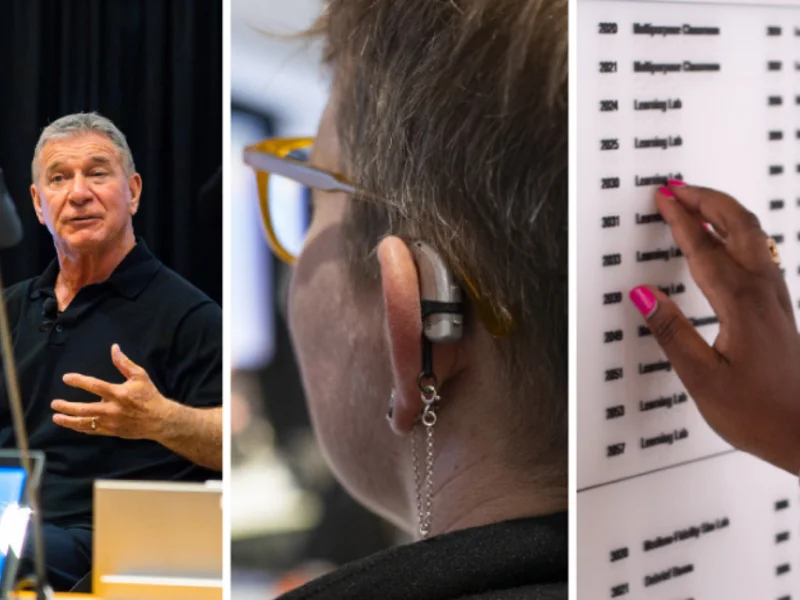 five people with disabilities in action. Man wearing a safety vest and prosthetic leg is visible. Rick gesturing with hands while speaking. Close-up of a hand pointing to a braille printed list. Two students reading an illustrated book.