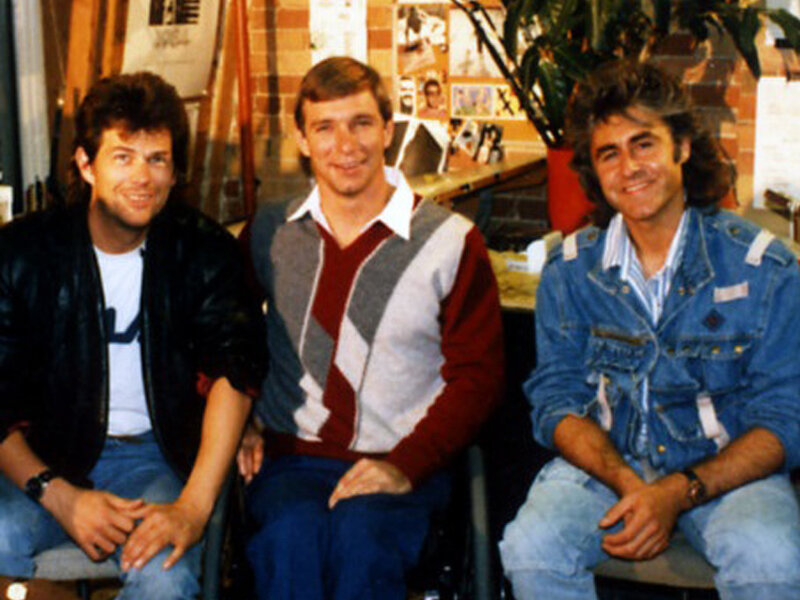 Rick Hansen along with David Foster and John Parr in Toronto, Ontario