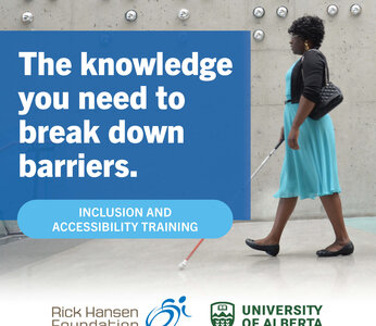 The knowledge you need to break down barriers. Inclusion and Accessibility Training. A woman wearing a blue dress is walking with a red and white cane.