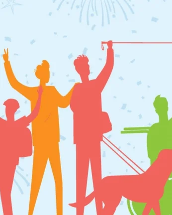 Silhouettes of people using various mobility aids like wheelchairs, white canes, and guide dogs