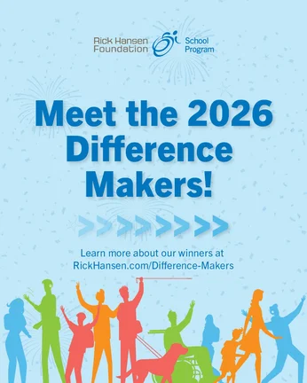 Light blue graphic with confetti and silhouettes of diverse people, including a person using a wheelchair and a guide dog, with large text reading “Meet the 2026 Difference Makers!”