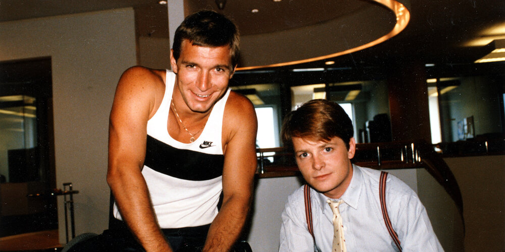 Rick Hansen meeting with Michael J Fox in New York City on Aug 4, 1986.